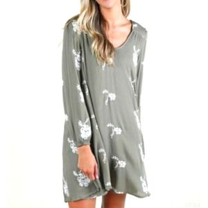 Altar'd State Dress Size L Swing Dress Sage Green Floral Embroidered Cottagecore